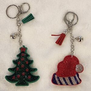 Festive Christmas Hat And Tree Keychain Set